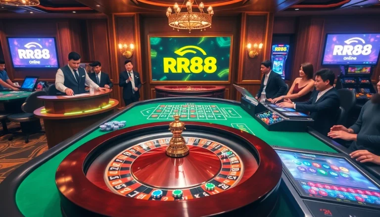 RR88 players enjoying a luxurious game at a vibrant roulette table in a casino.