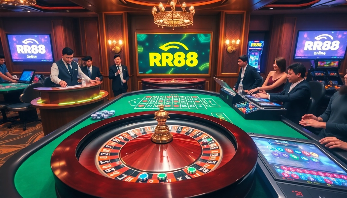 RR88 players enjoying a luxurious game at a vibrant roulette table in a casino.