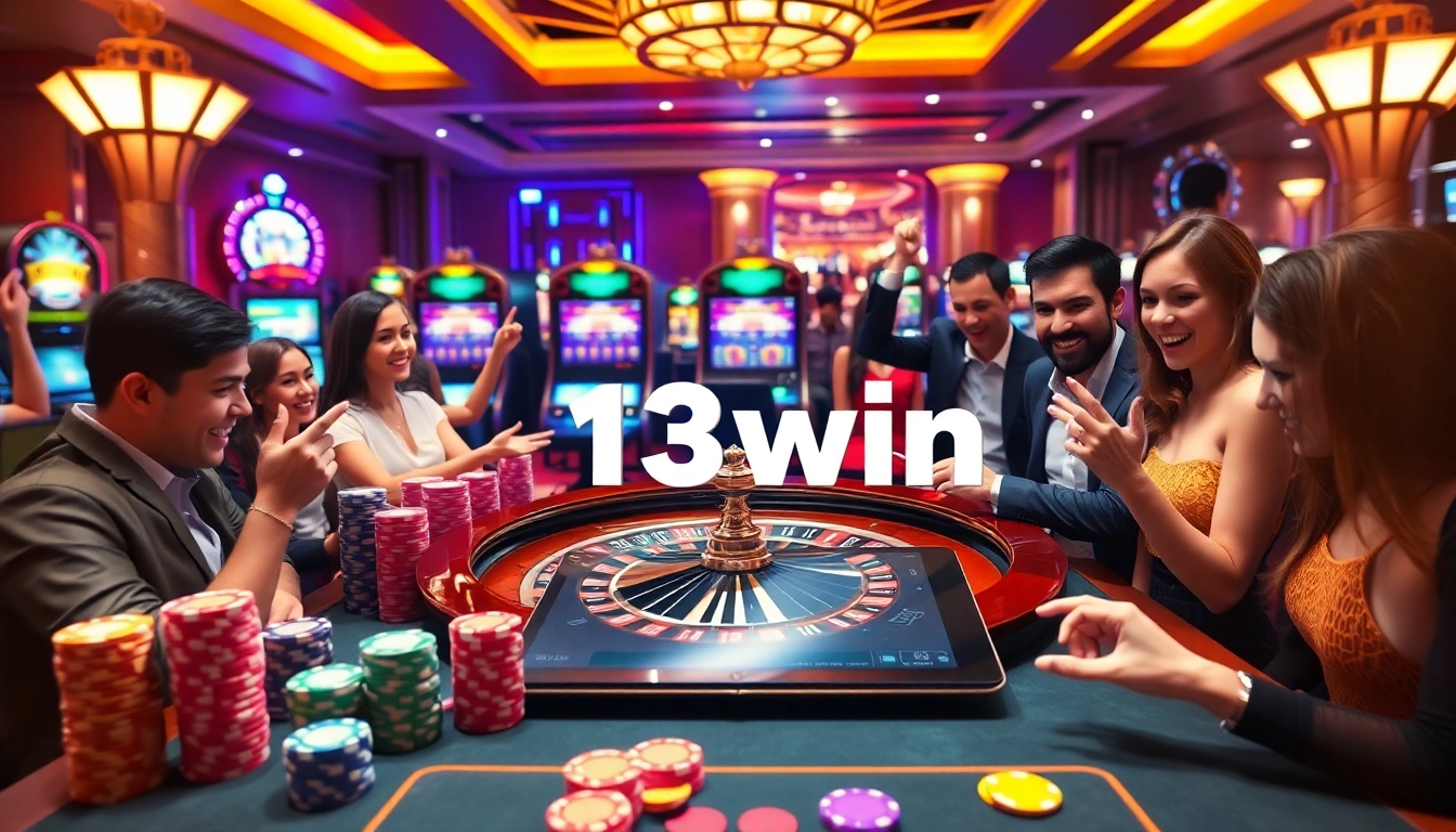 Players enjoying the excitement of roulette and poker at a thriving casino experience with 13win branding.
