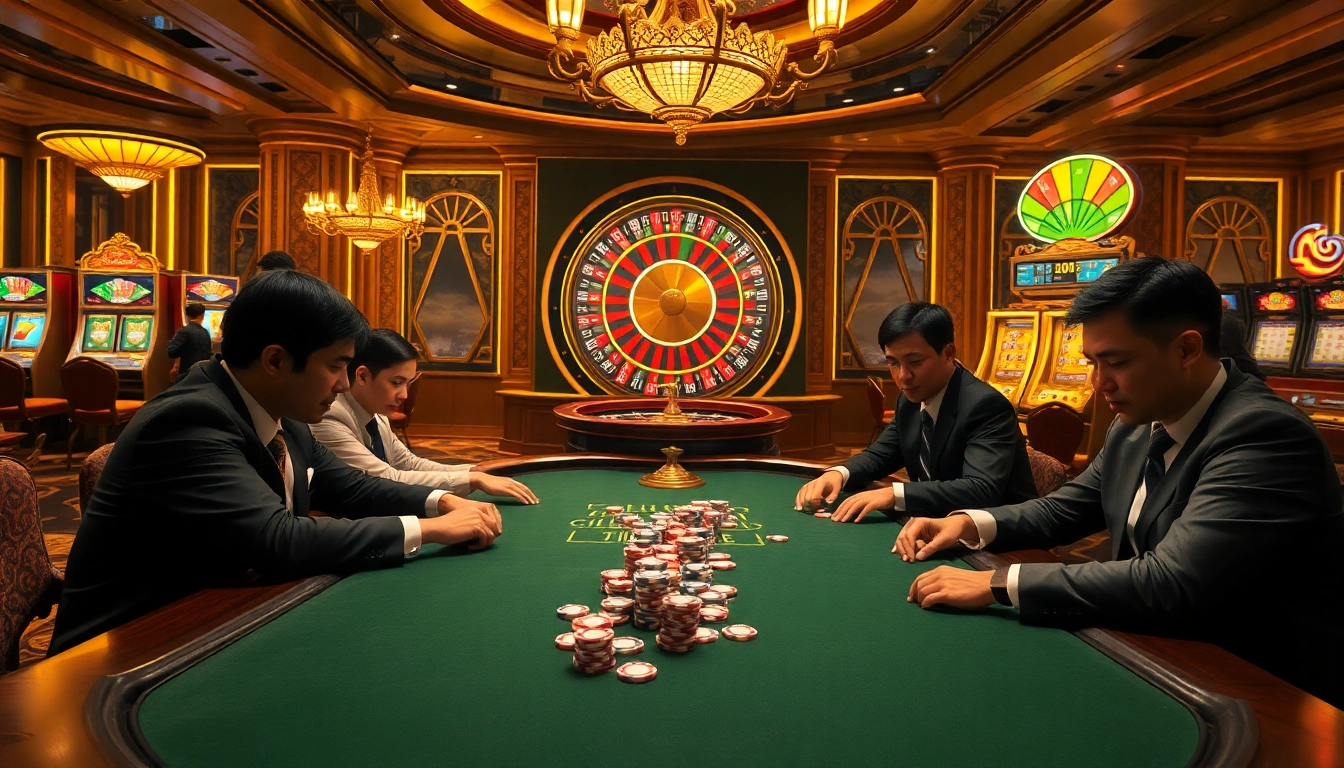 Exciting scene of players at the trang dr88 casino engaging in a thrilling poker game with chips and roulette in view.