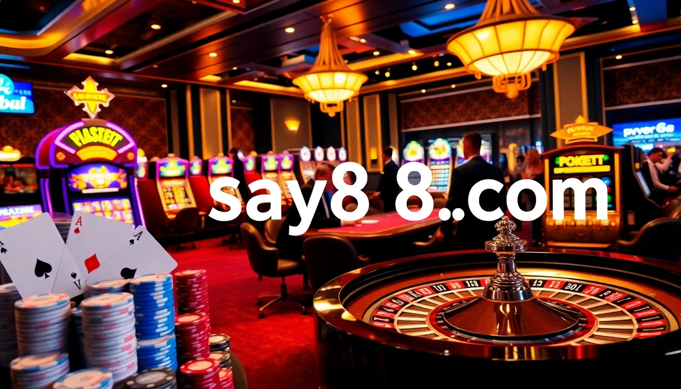 Exciting casino atmosphere showcasing say88 com’s poker and roulette games.