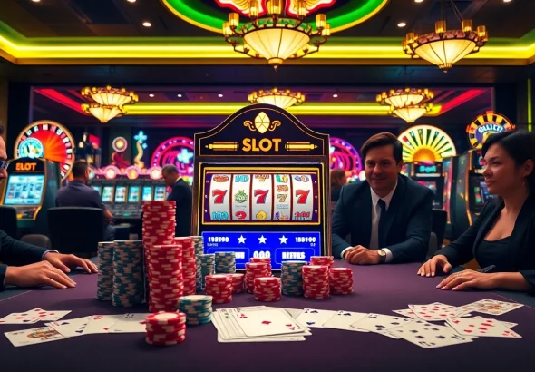 Experience the excitement of PGSLOT at a luxurious casino gaming table with vibrant slot machines.