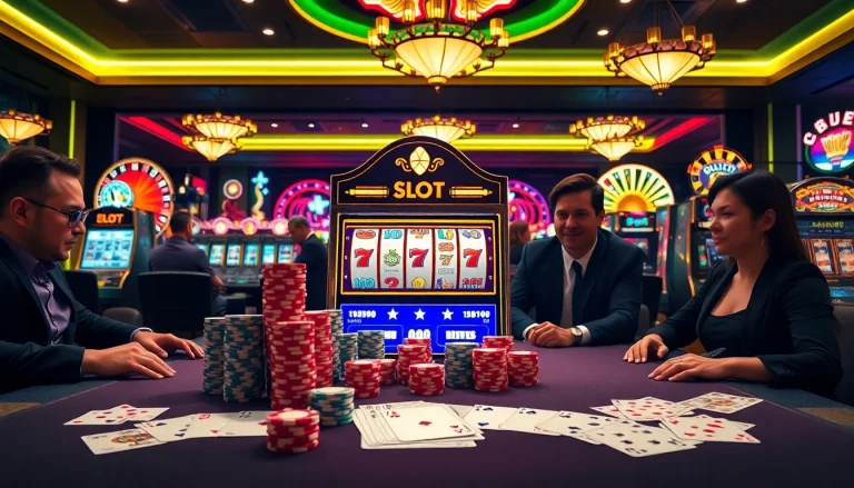 Experience the excitement of PGSLOT at a luxurious casino gaming table with vibrant slot machines.