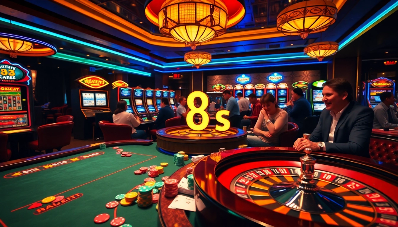 Experience thrilling gambling action at 8s casino, featuring exciting slot machines and vibrant poker tables.
