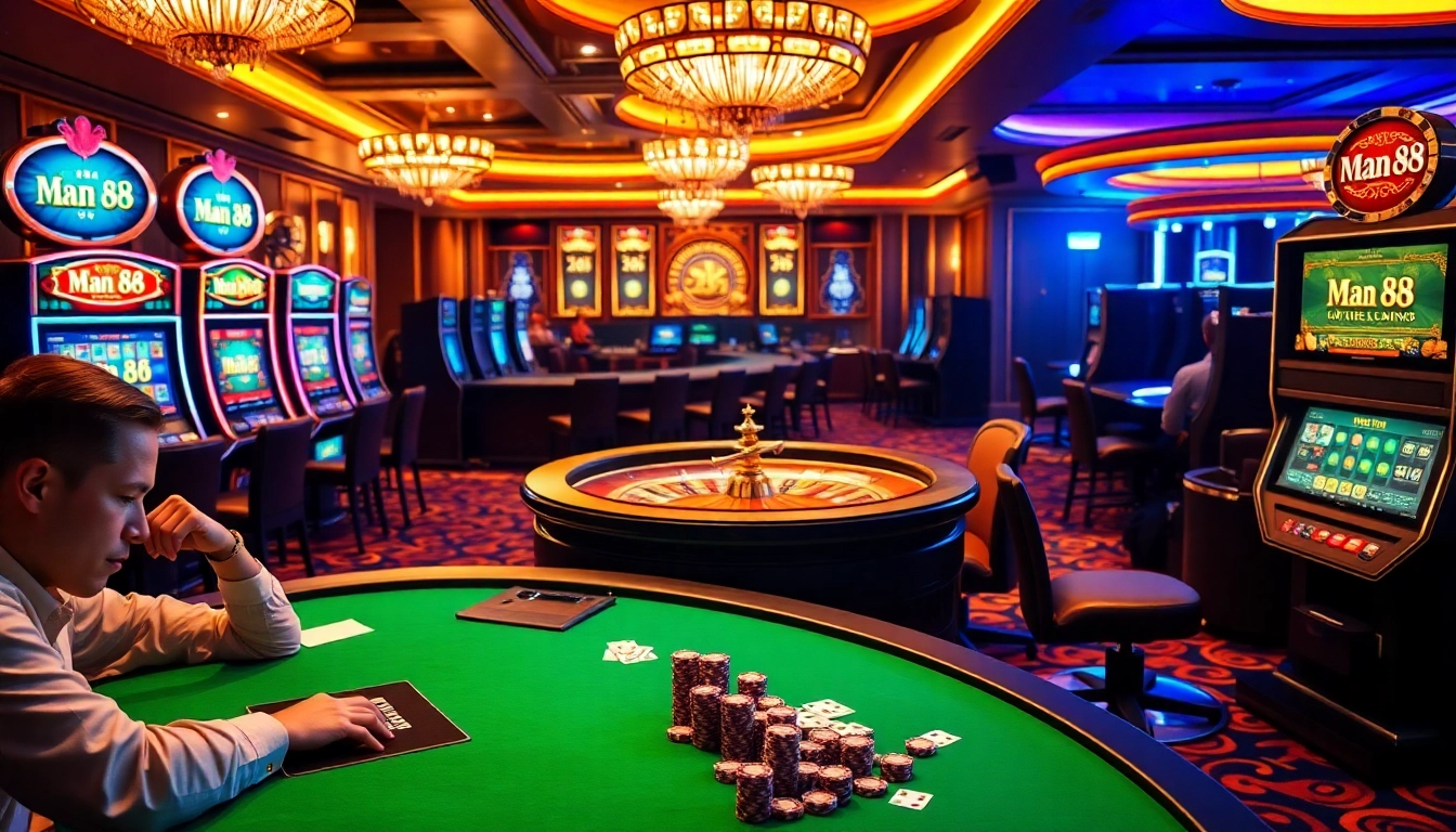Experience high-stakes excitement at Man 88 with vibrant gaming tables and slot machines.