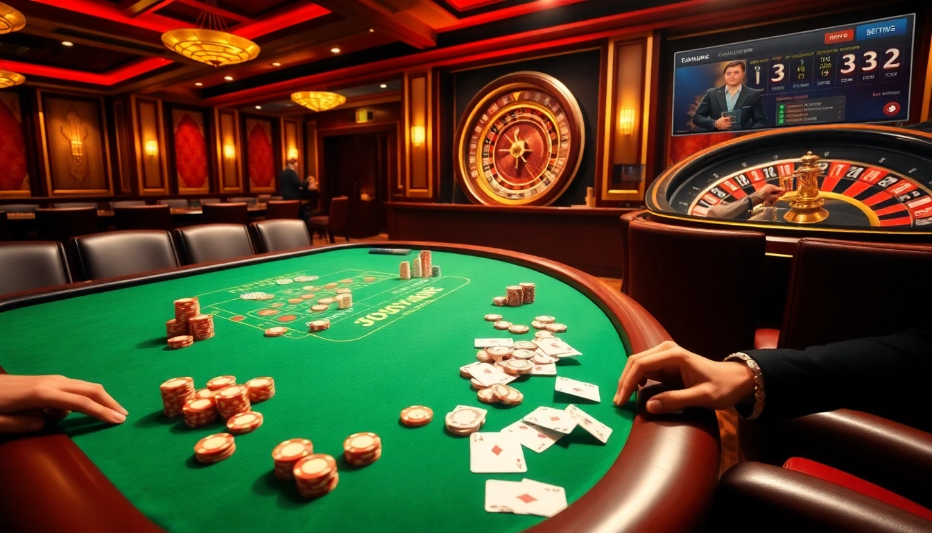 Exciting casino scene with poker chips and a roulette wheel at http://abc1256.com/ showcasing luxury gambling.