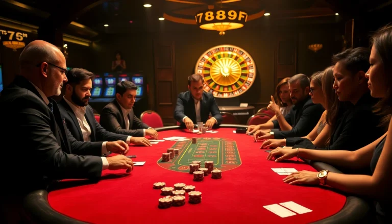 Engaging scene of players at a thrilling 789f poker table in a luxurious casino setting.