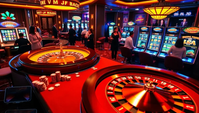 Players experience excitement at the SLVIP casino table with vibrant poker chips and slot machines.