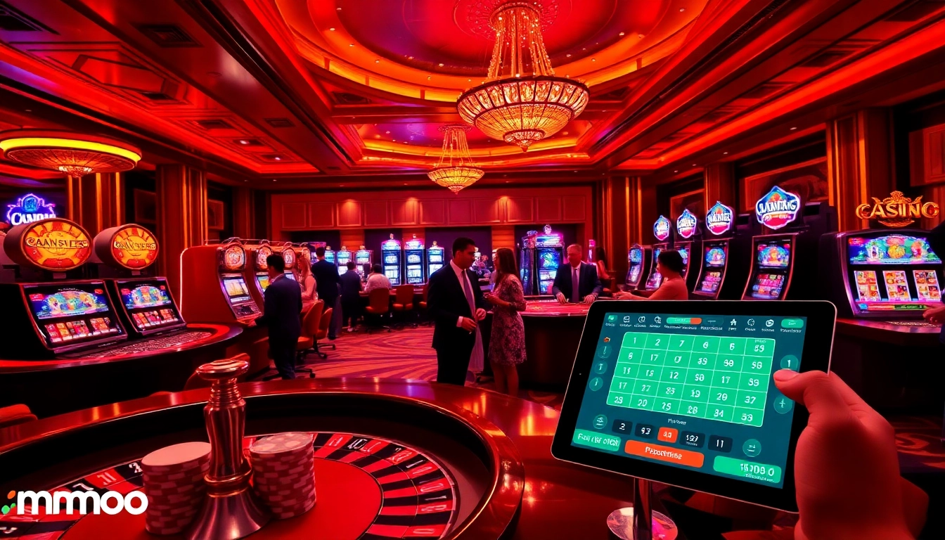 Mmoo players enjoying roulette and slots in a vibrant, luxurious casino atmosphere.