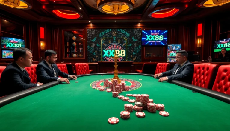 Players engaging in high-stakes poker at XX88 casino, featuring vibrant poker chips and a thrilling atmosphere.