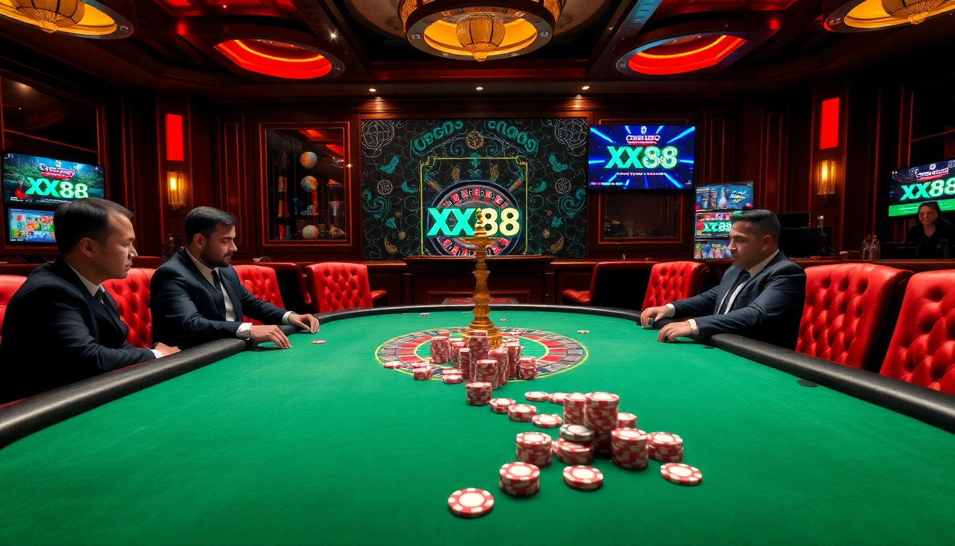 Players engaging in high-stakes poker at XX88 casino, featuring vibrant poker chips and a thrilling atmosphere.