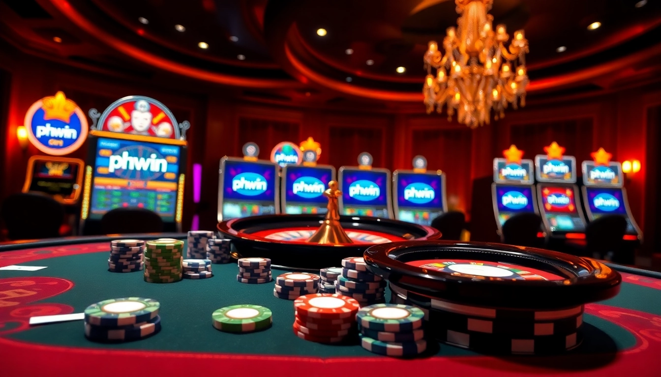 Engaging scene of a casino table filled with phwin poker chips and vibrant slot machines.