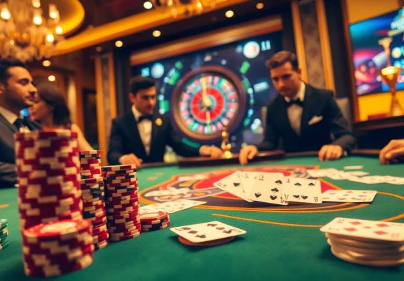 Engaged players at gamebaidoithuong.trading table showcase excitement with poker chips and cards.
