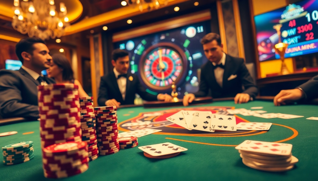 Engaged players at gamebaidoithuong.trading table showcase excitement with poker chips and cards.