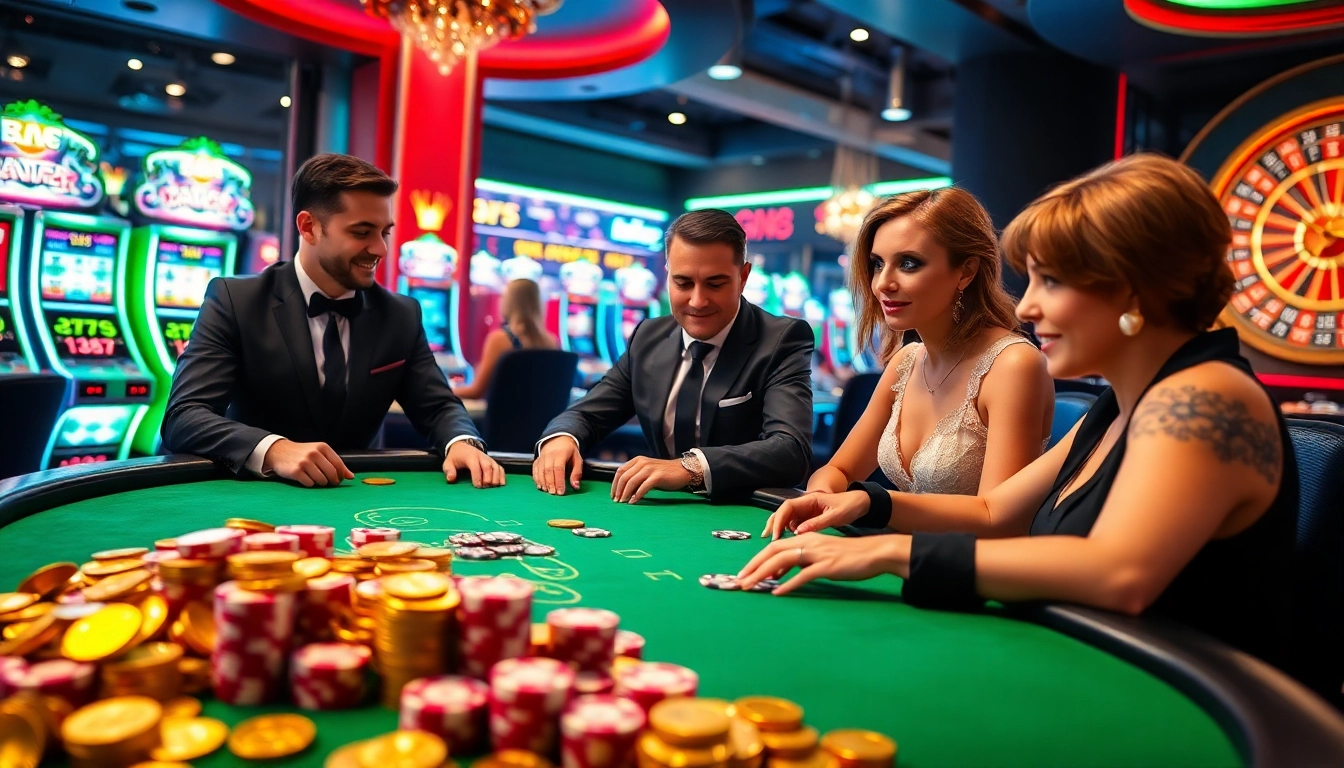 Players strategizing their bets at a GK88 casino table surrounded by exciting games and vibrant chips.