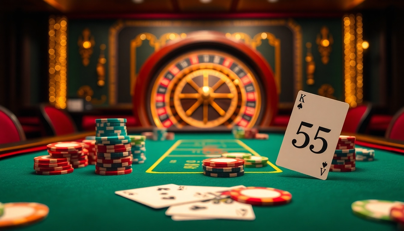 Experience the thrill of gambling with KK55 at a luxurious poker table featuring vibrant chips and cards.