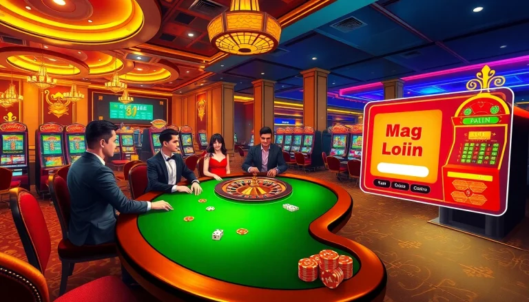 Excited players enjoying a casino atmosphere with the Mag Login interface visible, featuring poker chips and roulette.