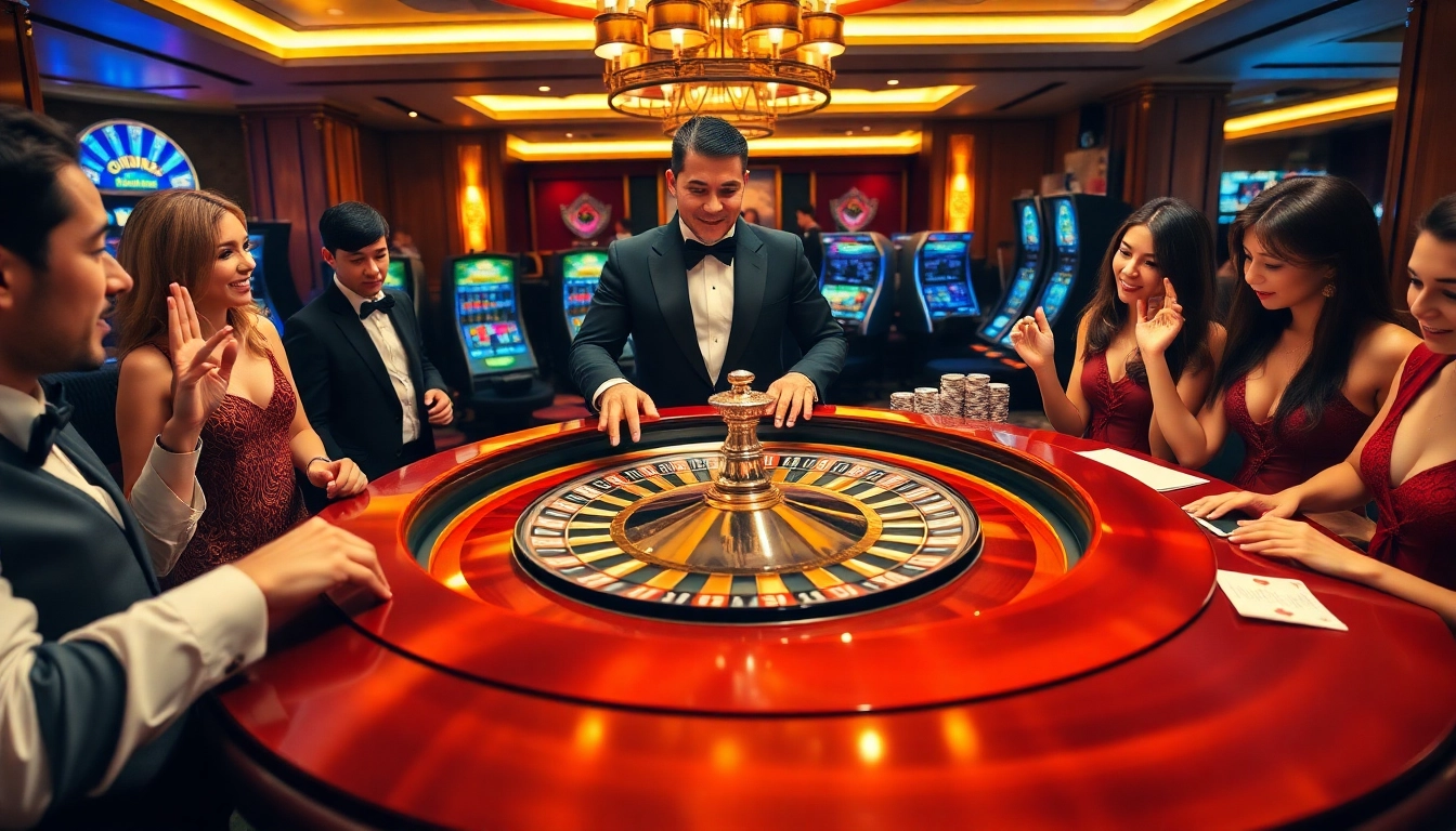 Exciting casino atmosphere at https://33wintop.com/ featuring roulette, poker chips, and vibrant lighting.