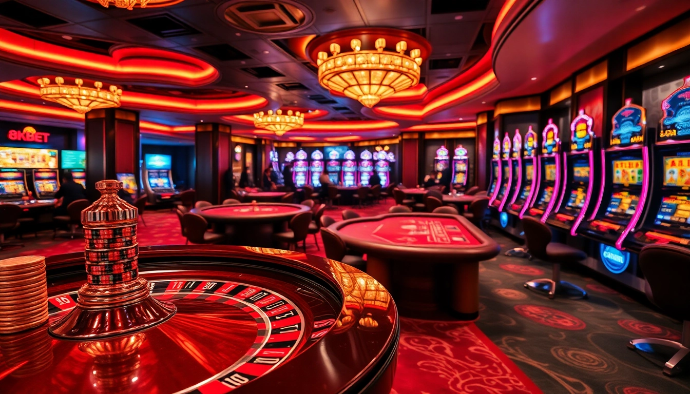Experience thrilling 8kbet games with vibrant casino atmosphere, roulette, and poker action.