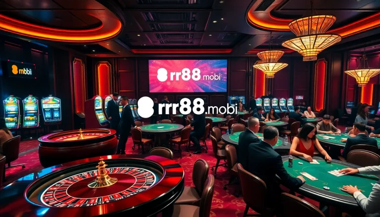 Exciting gaming scene at rr88c.mobi with players at roulette and poker tables, capturing the thrill.