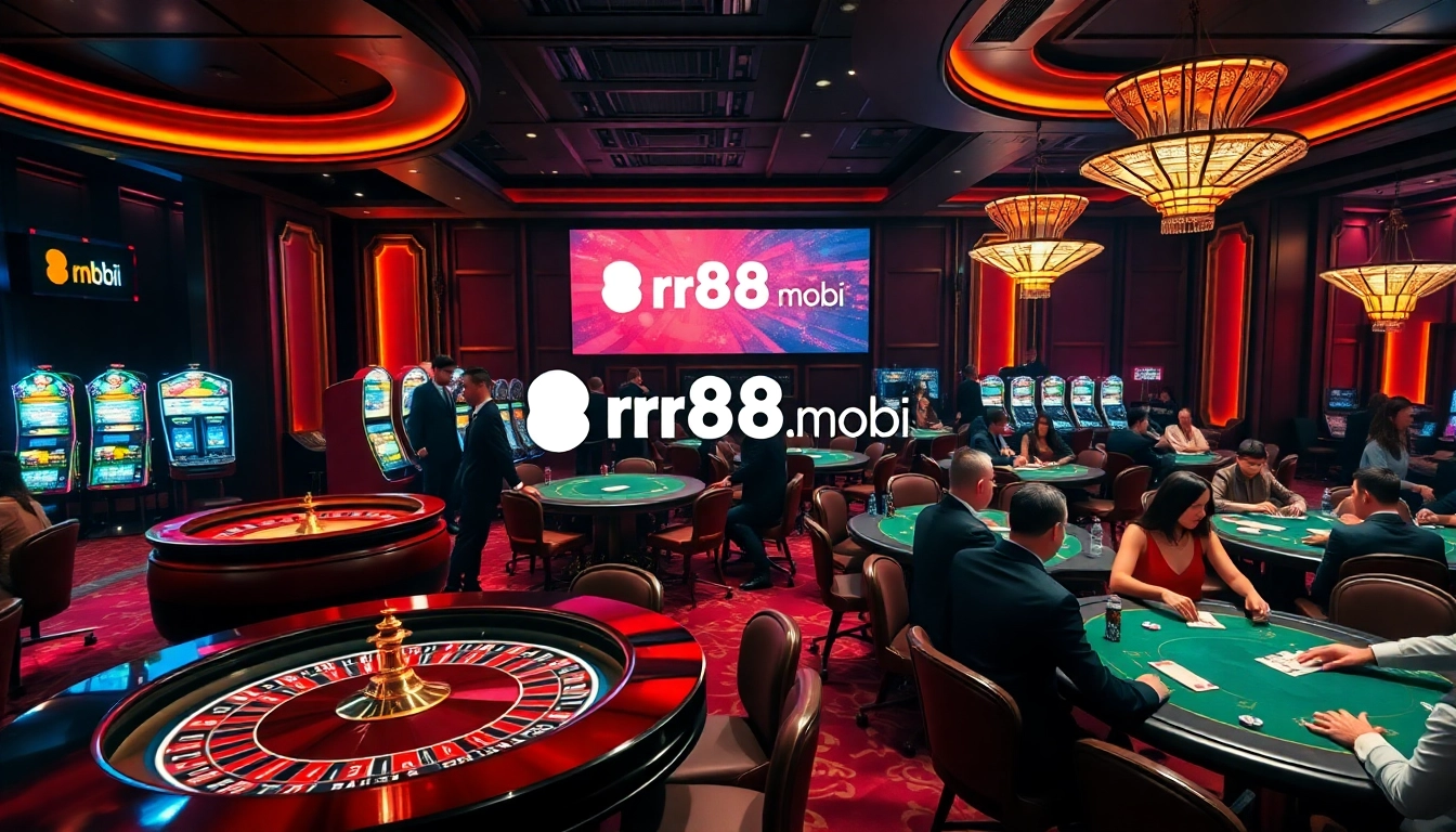 Exciting gaming scene at rr88c.mobi with players at roulette and poker tables, capturing the thrill.