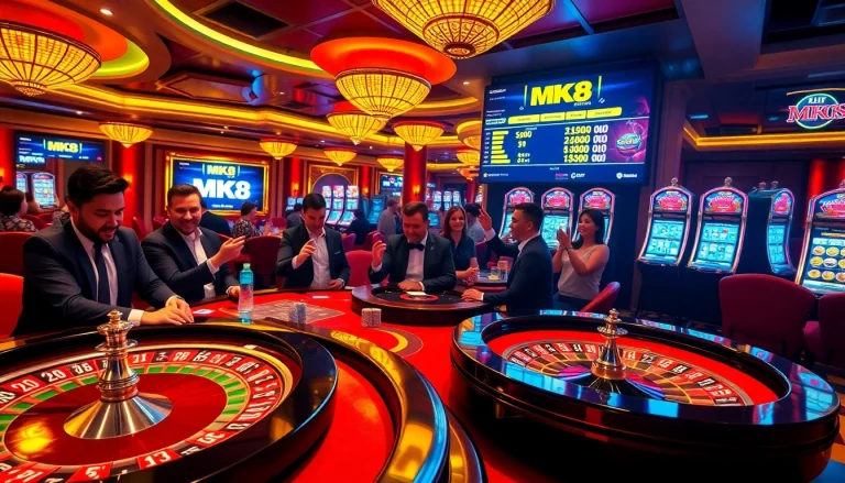 Engaging players at MK8 casinos place bets on vibrant tables and slot machines.