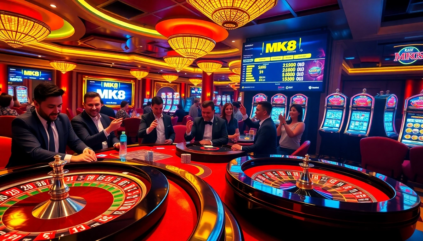 Engaging players at MK8 casinos place bets on vibrant tables and slot machines.