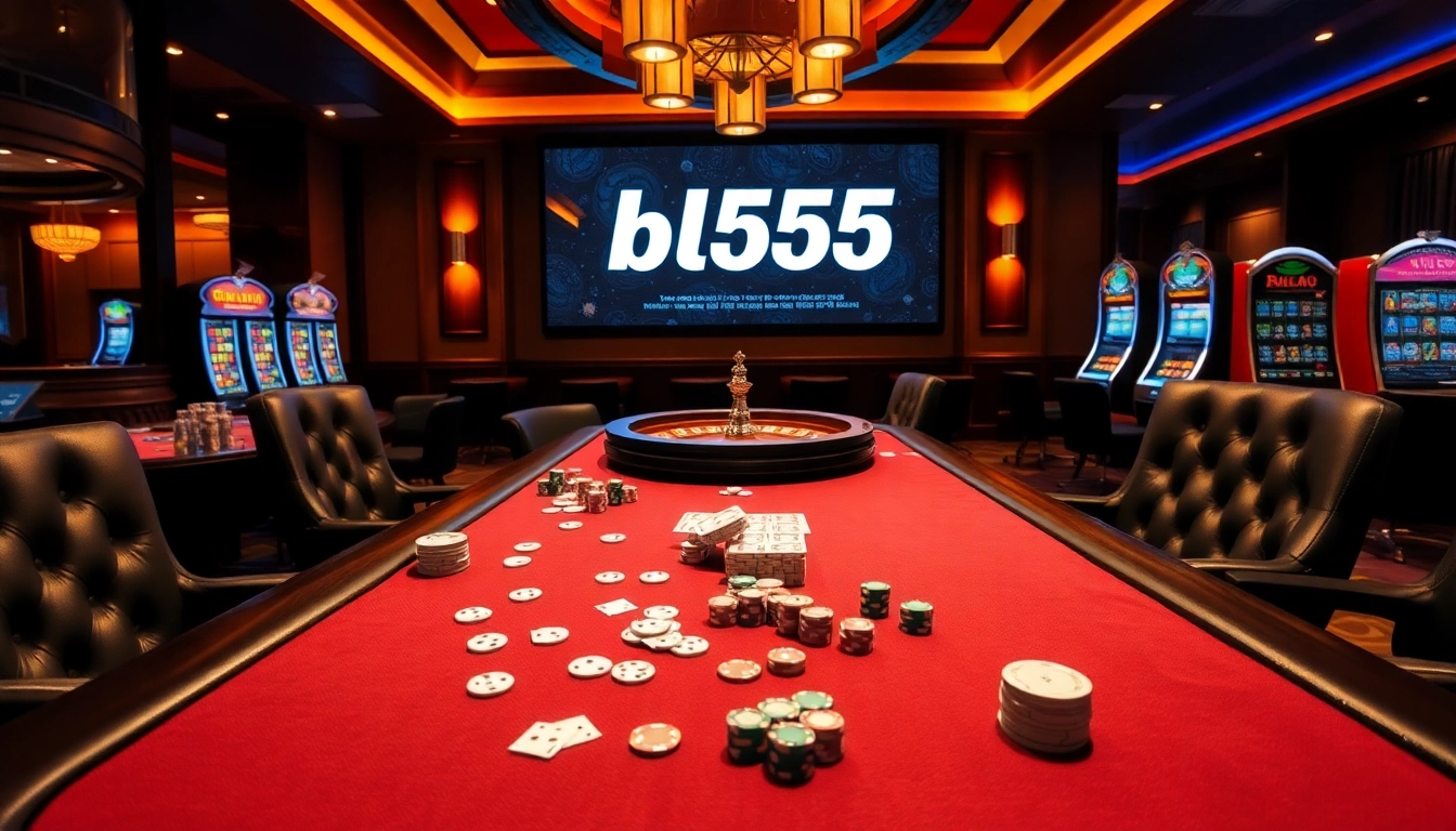 Players engaged at Bl555 casino table, surrounded by poker chips and slots.