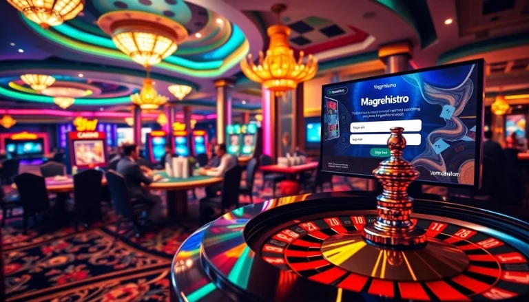Engage in a high-stakes game as players magrehistro at a luxurious casino poker table filled with chips and excitement.