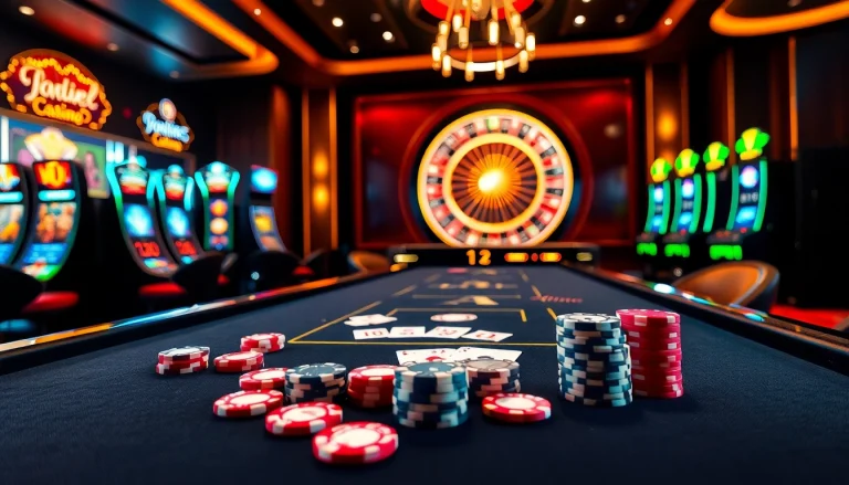 Experience the thrill of đăng ký okfun at a vibrant online casino, featuring gaming tables and lively atmosphere.