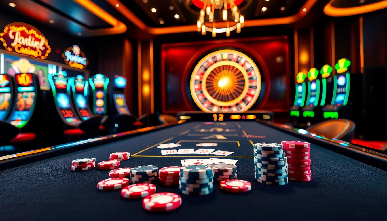 Experience the thrill of đăng ký okfun at a vibrant online casino, featuring gaming tables and lively atmosphere.