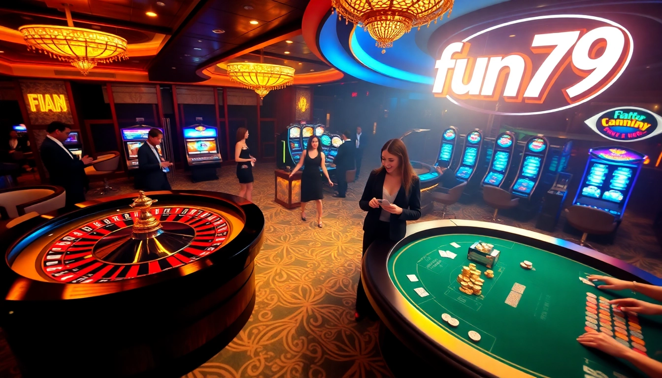 Experience luxury with fun79 at a bustling casino featuring poker tables and roulette wheels.