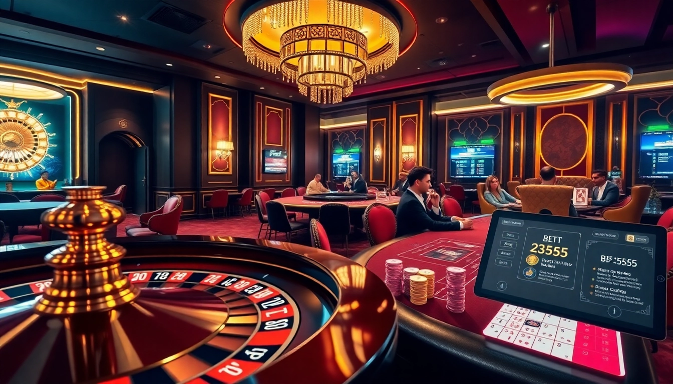 Experience high-stakes action at BL555 with a luxurious casino scene featuring roulette and poker tables.