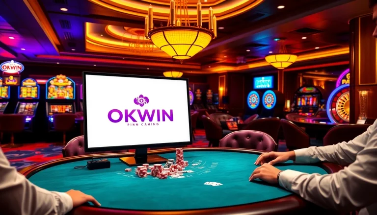 Experience thrilling games at Nhà Cái OKWIN with vibrant casino tables and elegant slot machines.