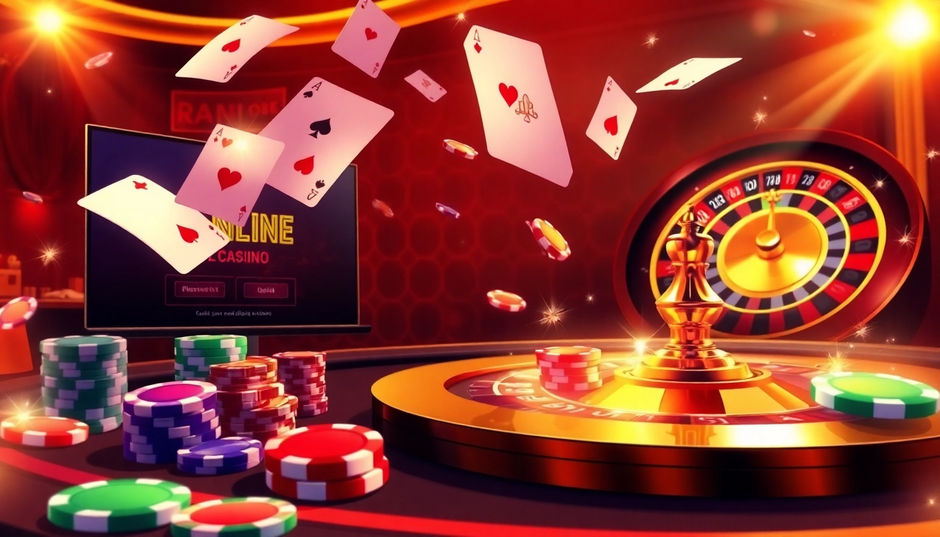RR88 casino scene featuring poker chips and a roulette wheel, capturing excitement in luxury gaming.