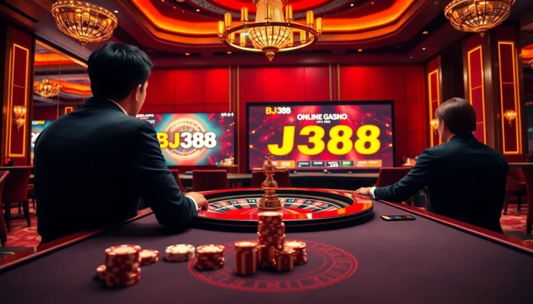 Experience thrilling gameplay at BJ388 with a luxurious casino atmosphere and vibrant betting tables.