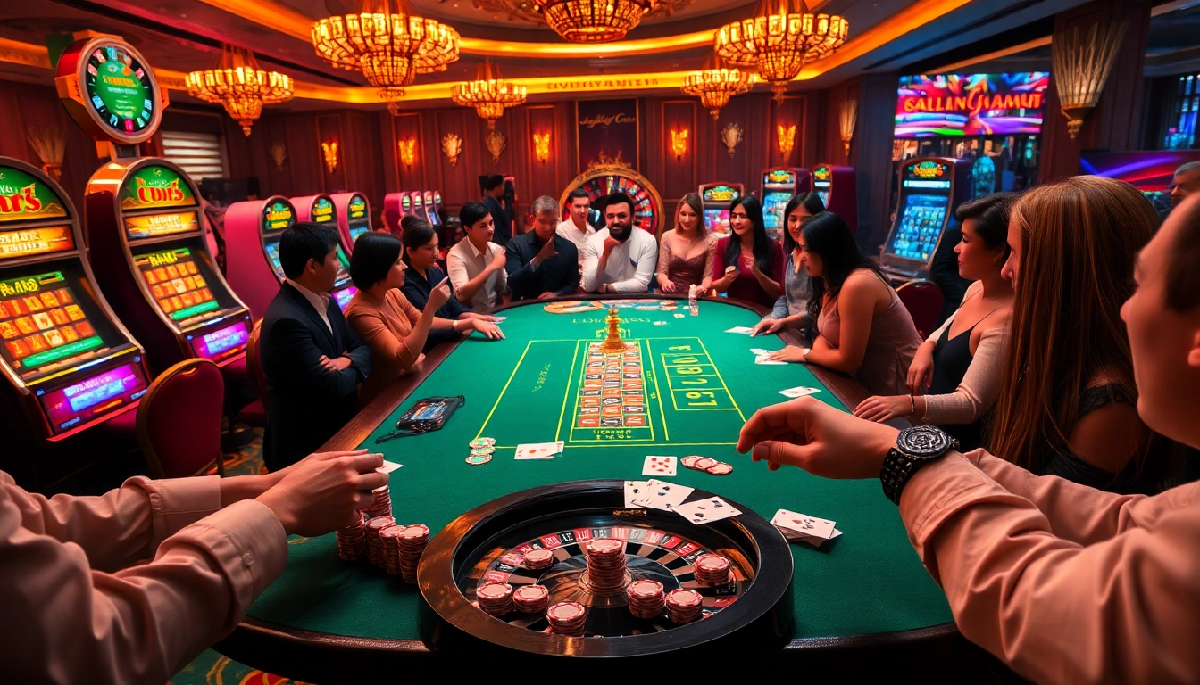 Experience the excitement of LC88 casino games with vibrant slots and professional poker setup.