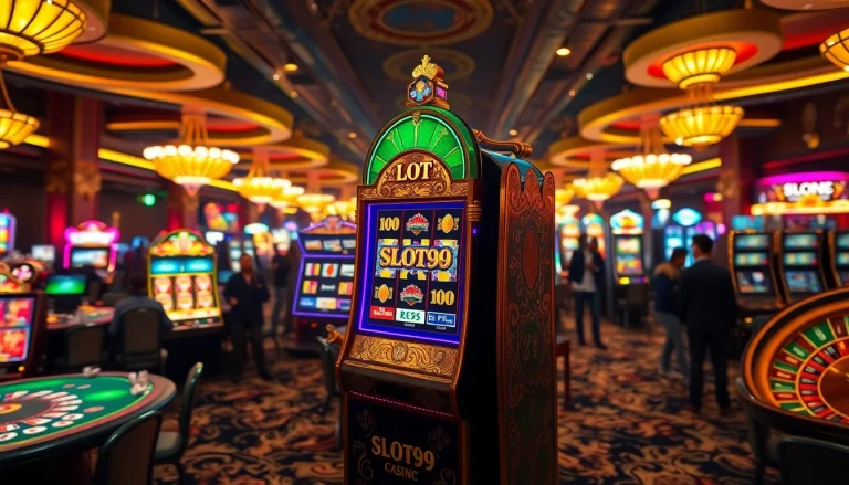 SLOT99 showcases exciting gambling with elegant slot machines and vibrant casino atmosphere.