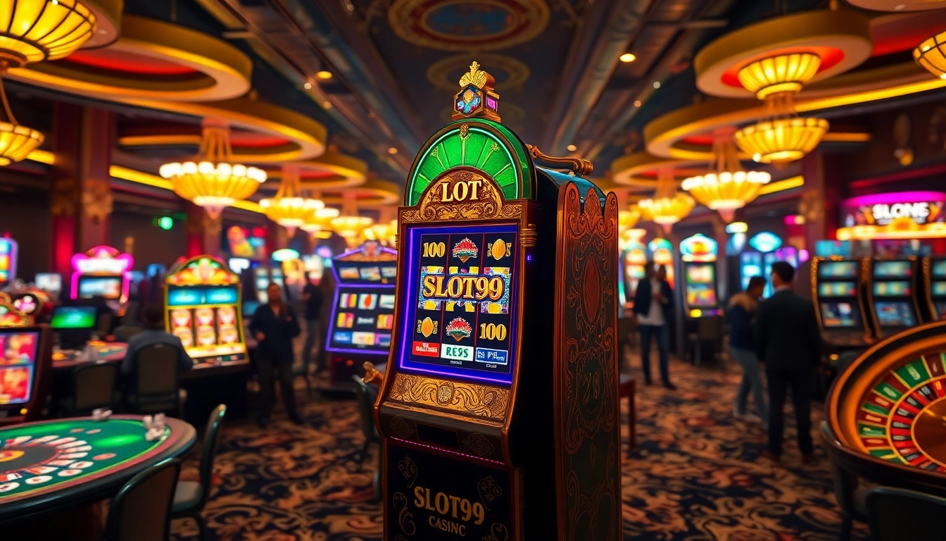SLOT99 showcases exciting gambling with elegant slot machines and vibrant casino atmosphere.