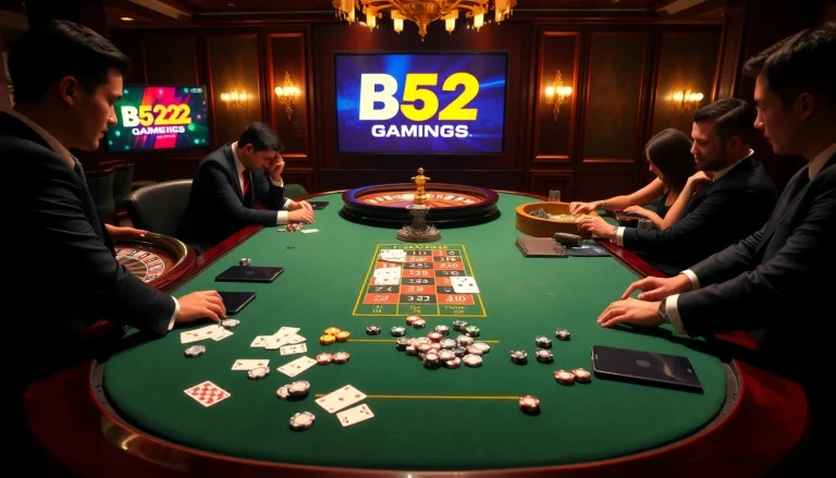 Experience the excitement of b52 gaming at an elegant casino table with poker and roulette.