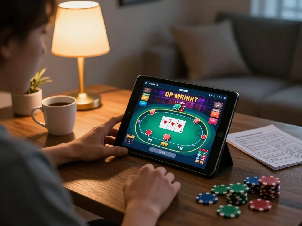 ATQ player engaging in online gambling on a tablet, showcasing a poker game interface and cozy home setting.