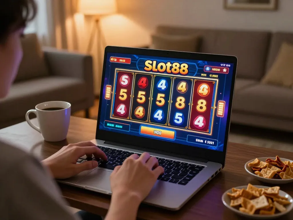 Experience the excitement of Slot88 with engaging online gameplay in a cozy home setting.