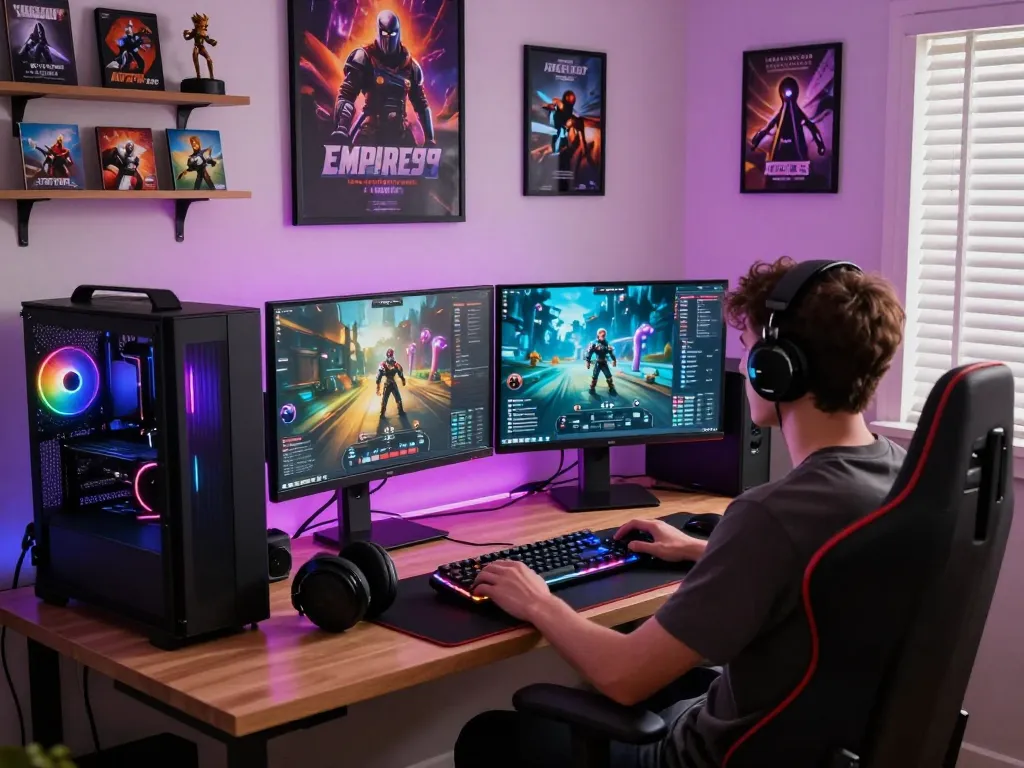 Empire99 gaming setup with vibrant RGB lights and immersive elements, showcasing player engagement.