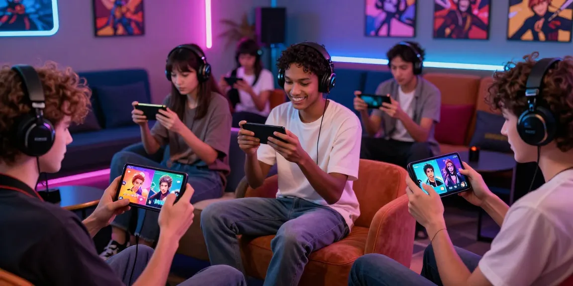 Engaged users exploring Status AI app with vibrant fandom characters in a lively gaming scene.
