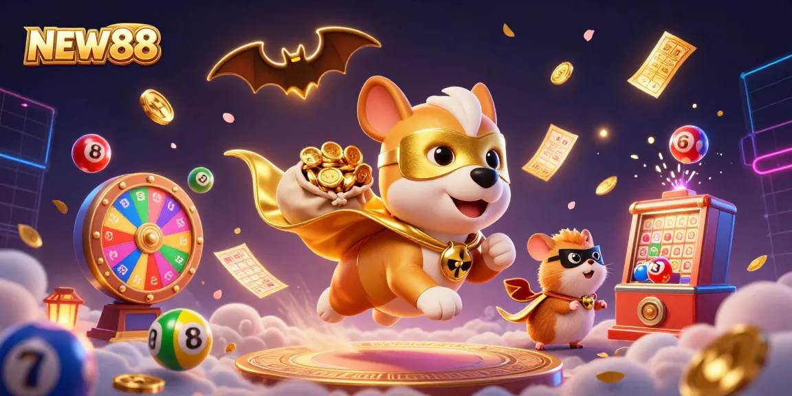 Experience the excitement of NEW88 with 3D superhero dog and hamster amidst flying lottery elements and vibrant visuals.