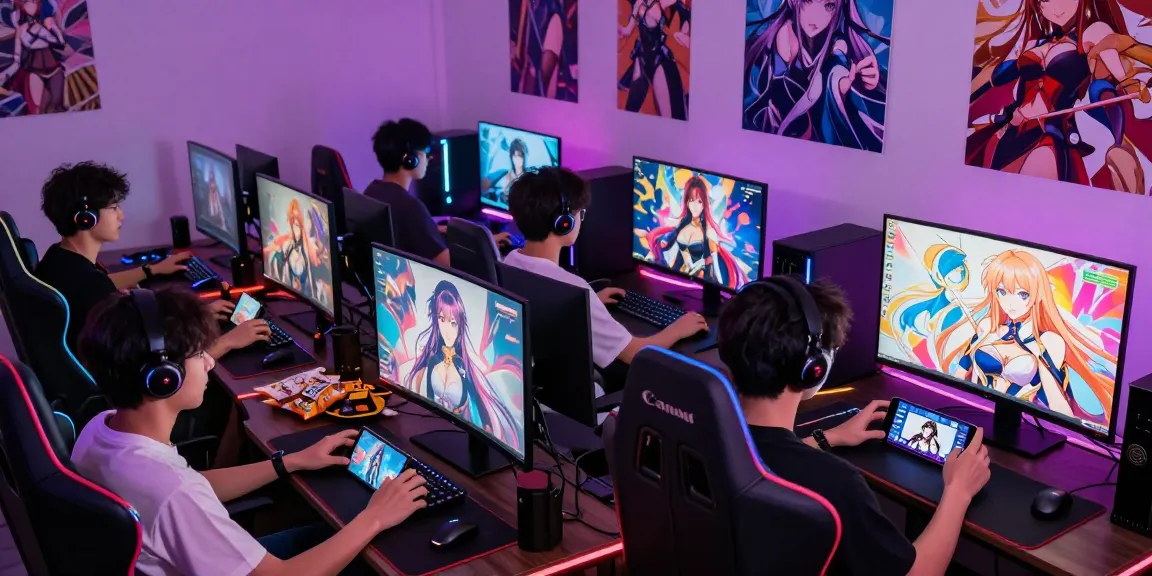 Engaged players enjoying hentai games on various devices in colorful gaming setup.